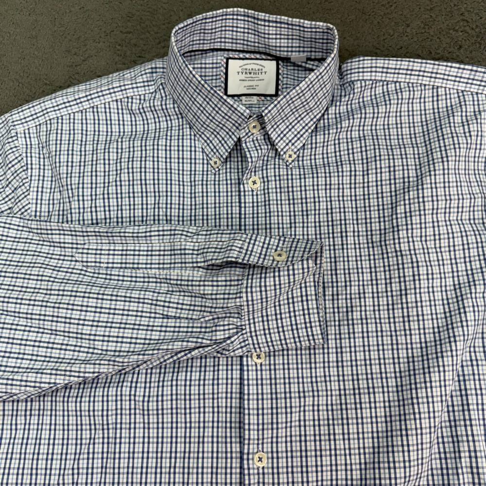 Charles Tyrwhitt Dress Shirt Mens 18/35 Blue Check‎ Classic Fit Non-Iron 2157
